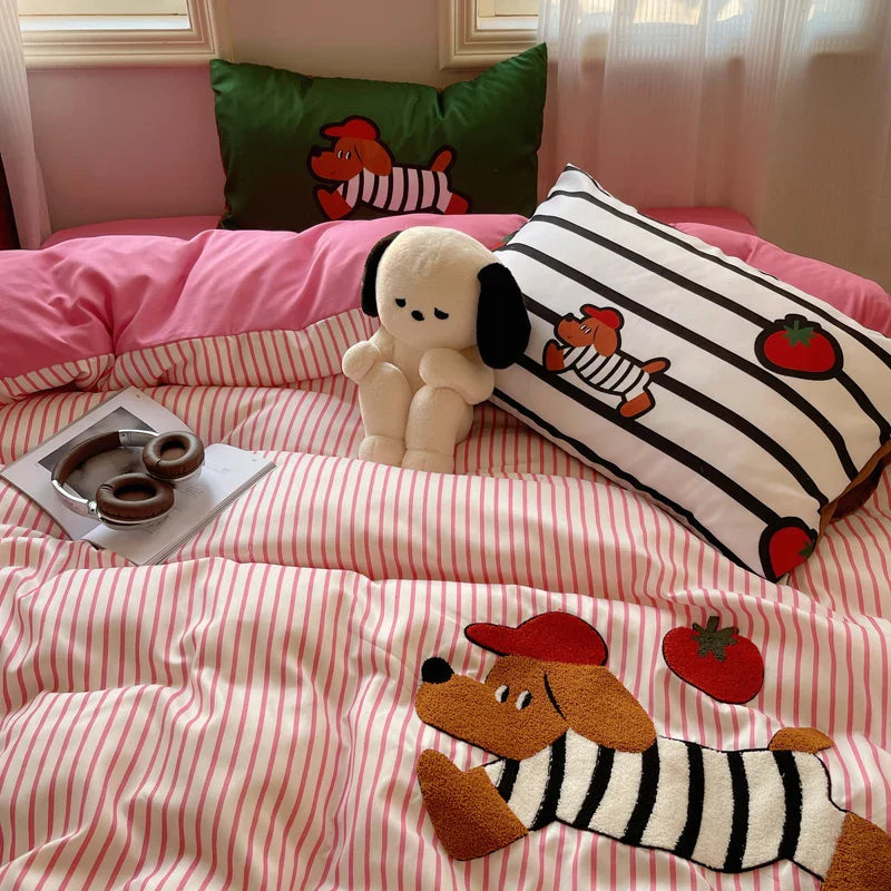 Embroidered Running Dog Soft Bedding Set Duvet Cover Bedclothes Bedspread Pillowcases Flat Sheets Comforter Sets for Girls