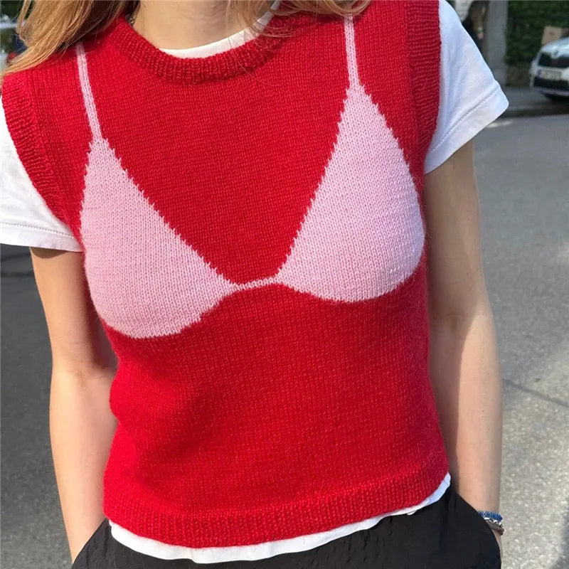 Ribbed 3D Bra Pattern Crew Neck Sleeveless Sweater