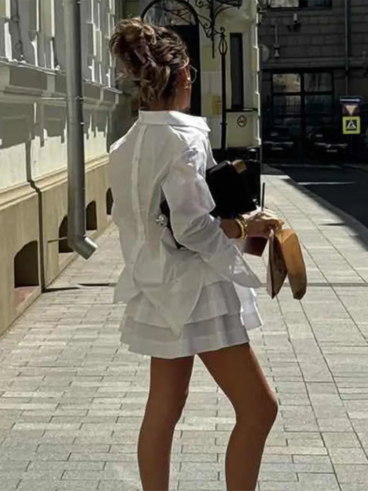 White Collar Shirt And Frill Mini Skirt Set