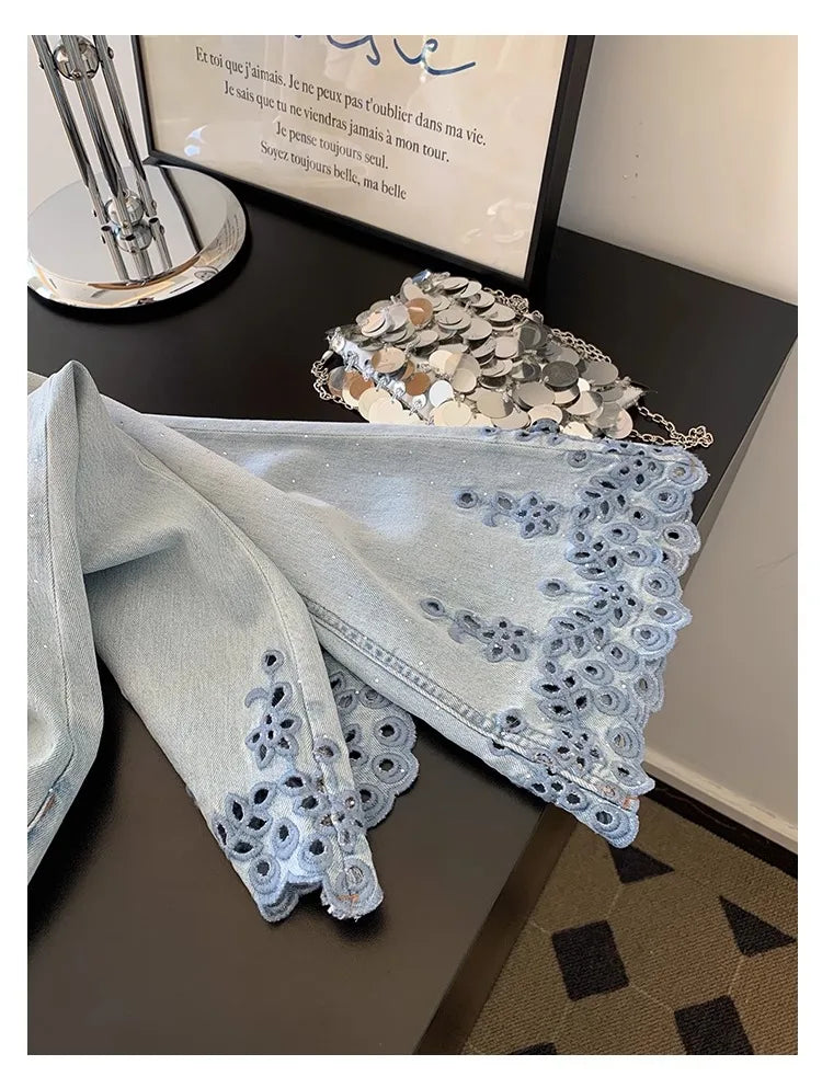 Eyelet Embroidered Wide Leg Denim Pants