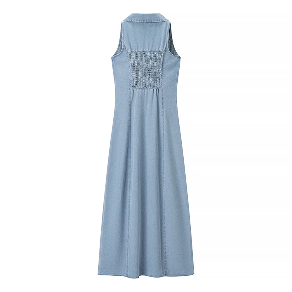 Denim Collar Buttoned Midi Dress