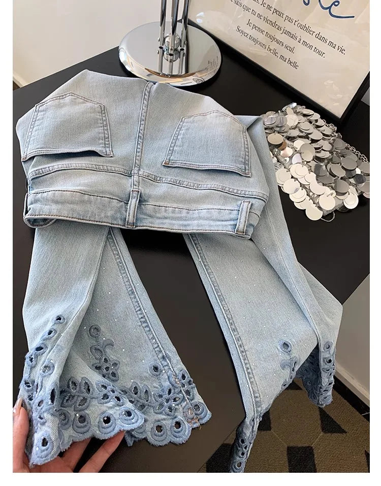 Eyelet Embroidered Wide Leg Denim Pants