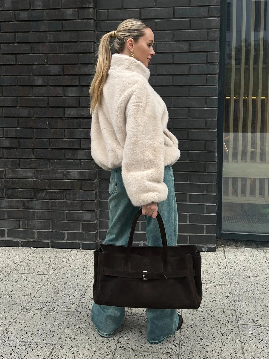 Teddy Faux Fur Zipper Crop Jacket