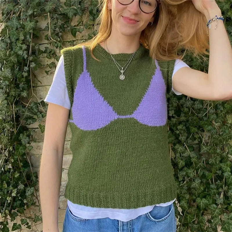Ribbed 3D Bra Pattern Crew Neck Sleeveless Sweater