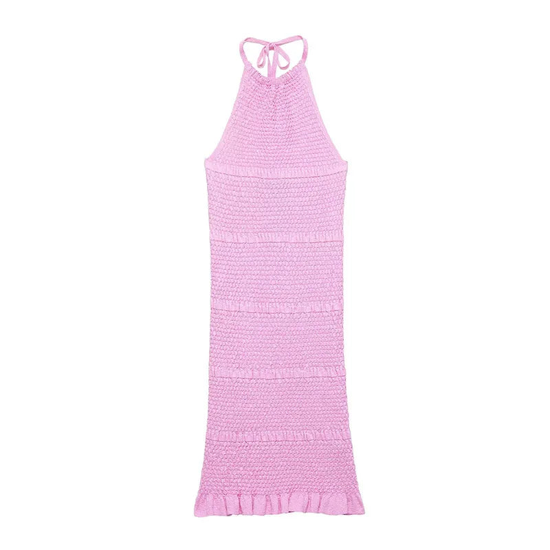 Pink Knitted Ruffles Mini Dress