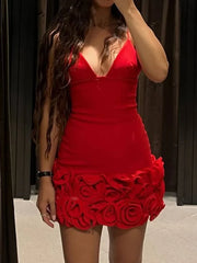 Red3D Rose Hem V-neck Mini Dress