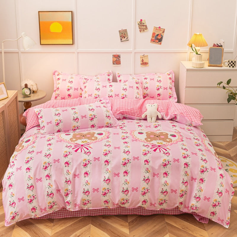 Strawberry Bedding Set Double Sheet Soft 3/4pcs Bed Sheet Set Duvet Cover Queen King Size Comforter Sets For Home For Child