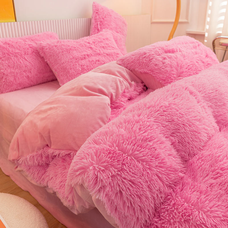 Winter Warm Blue Bedding Set Soft Plush Kawaii Mink Velvet Queen Duvet Cover Set Sheets Pillowcase Single Double Bedding Sets