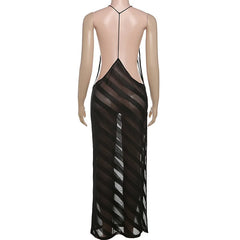 Striped Sheer Maxi Dress â€?Black Open Back Style
