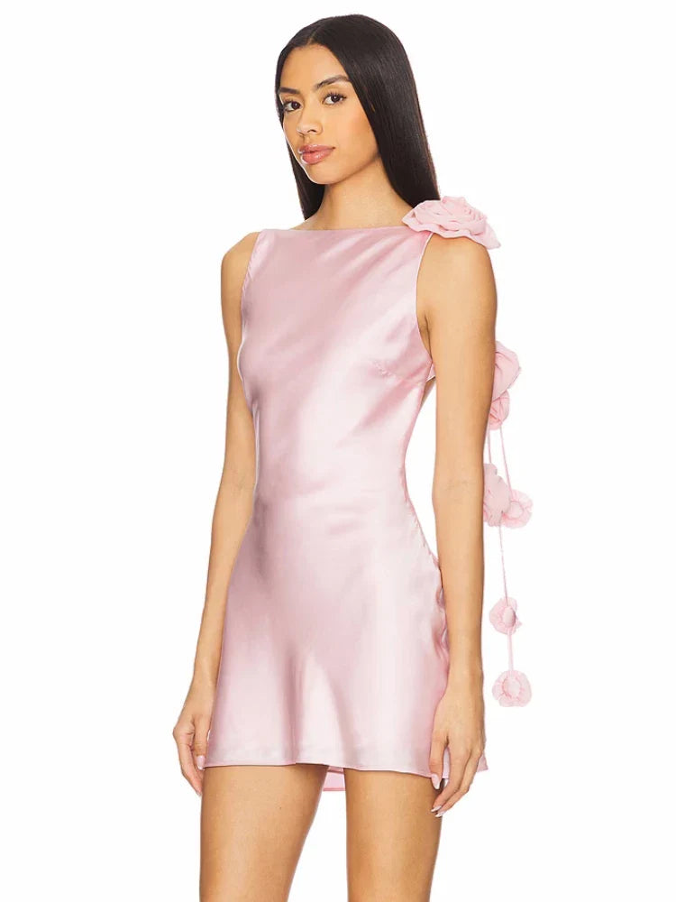 Flower Strap Backless Satin Mini Dress