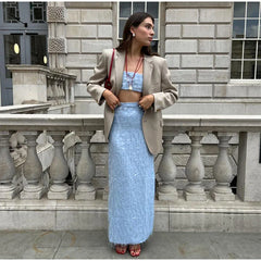 Blue Sequin Tube Top And Maxi Skirt