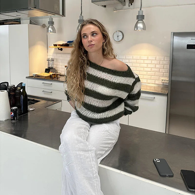 Knit Striped Off-shoulder Sweater
