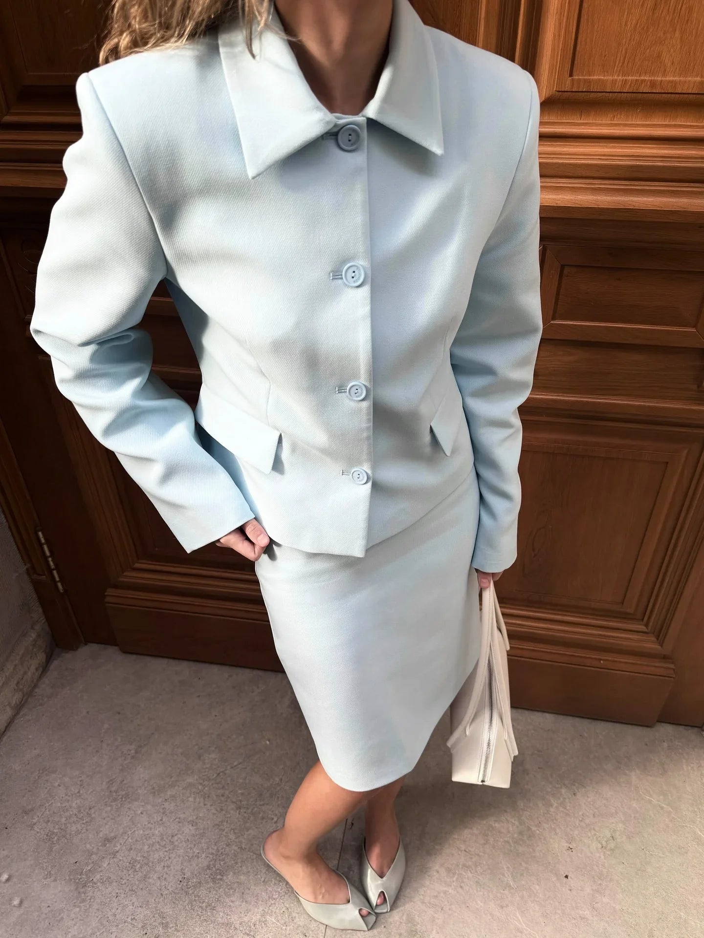 Blue Solid Suit Jacket And Skirt Set