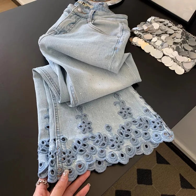 Eyelet Embroidered Wide Leg Denim Pants