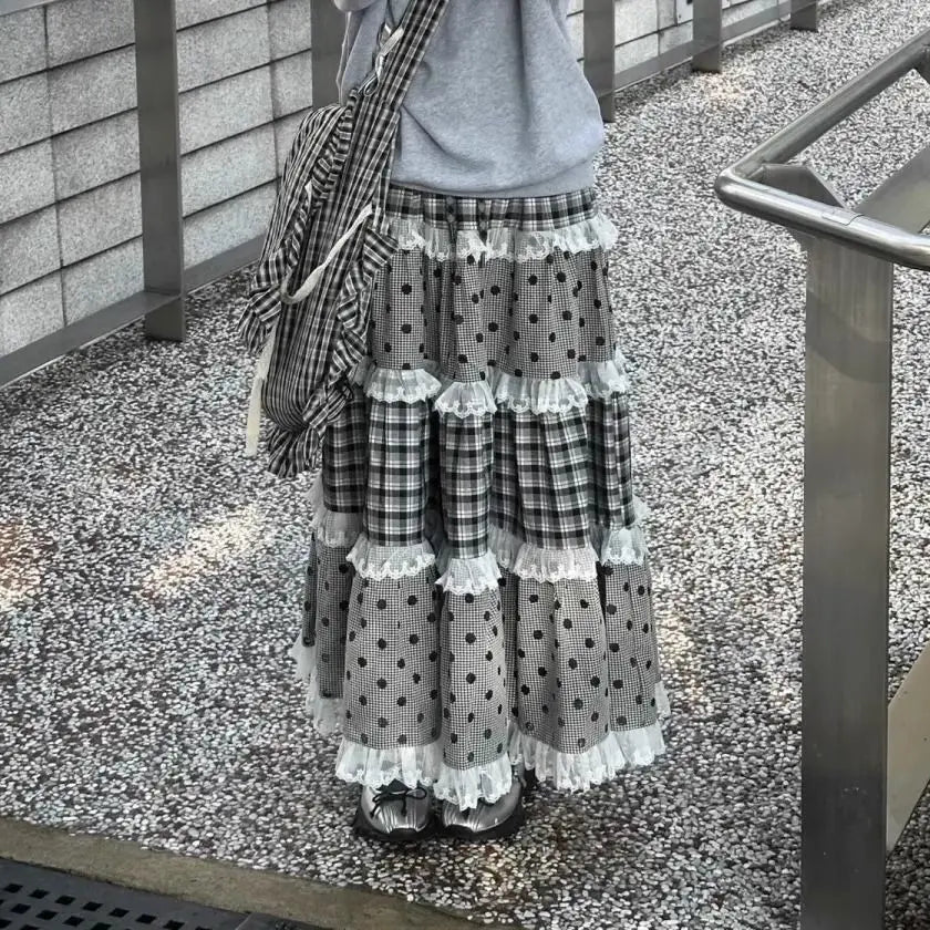 Black Plaid and Polka Dot Lace Patchwork Ruffles A-line Maxi Skirt - Casual Regular Fit
