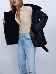 Faux Leather Double-Sided Zipper Biker Jacket