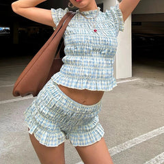 Plaid Print Smocked Crew Neck Top And High Waist Shorts Set