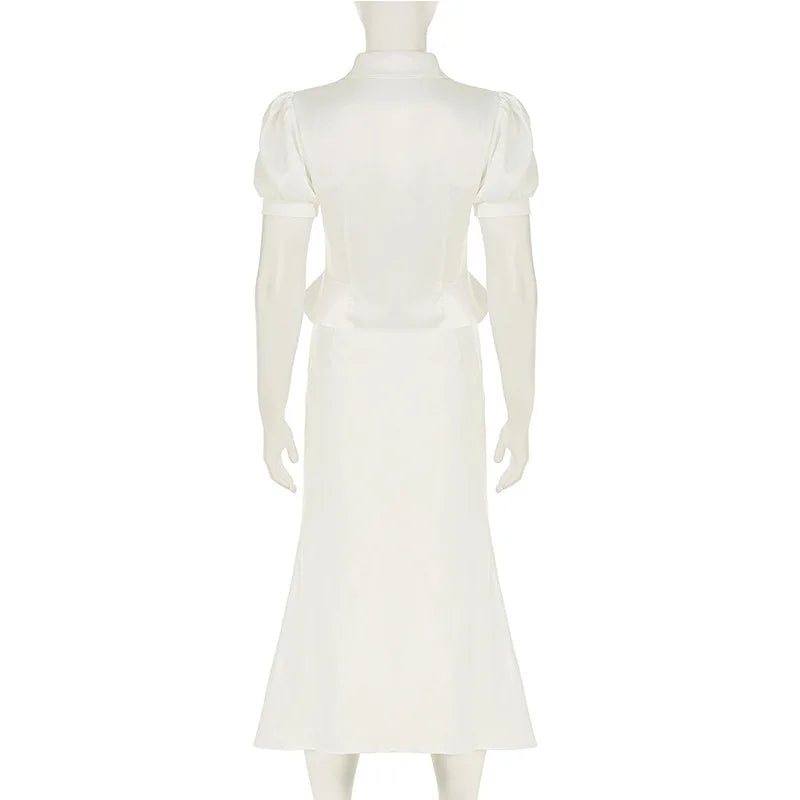 White Puff Sleeve T shirt And High Waist Skirt Set