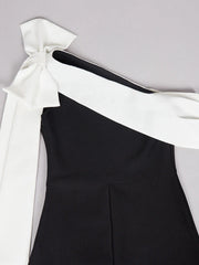 Black One Shoulder Contrast Tie Up  Midi Dress