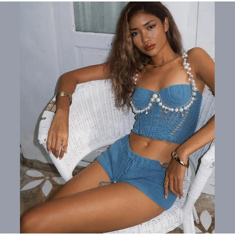 Knit Crochet Pearl Strap Bralette And Shorts Sets