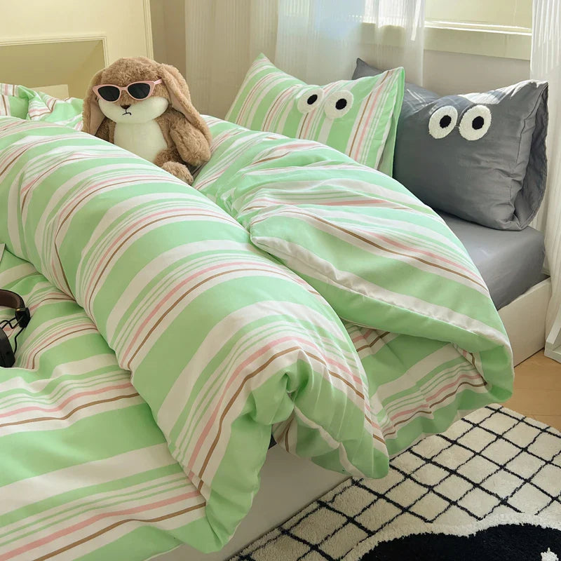 Korean Bed Linen Bedding Sets Stripes Duvet Cover Set Quilt Cover Bed Sheet Quilt Sets Queen Size INS Blogger Comforter Sets
