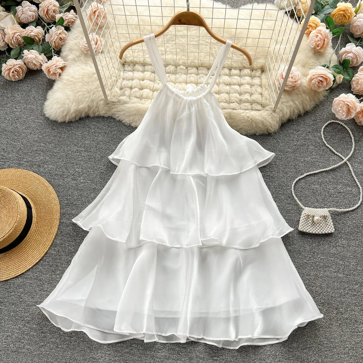 Mesh Ruffled Halter Mini Dress