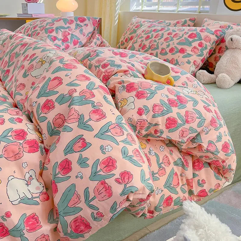 Kawaii Princess Pure Cotton Bedding Set Full Size Lovely Ruffles Single Doubel Duvet Cover Set Girls Woman Cozy Bedding Sets