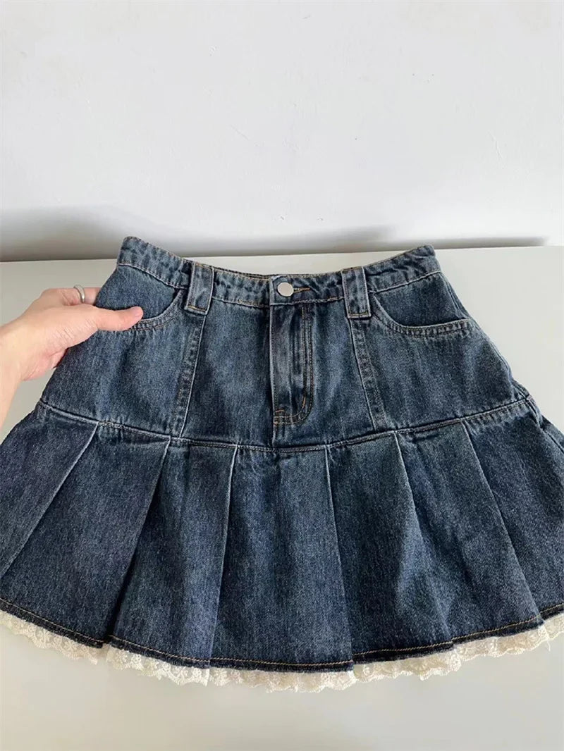 Lace Patchwork High Waist Pleated Denim Mini Skirt