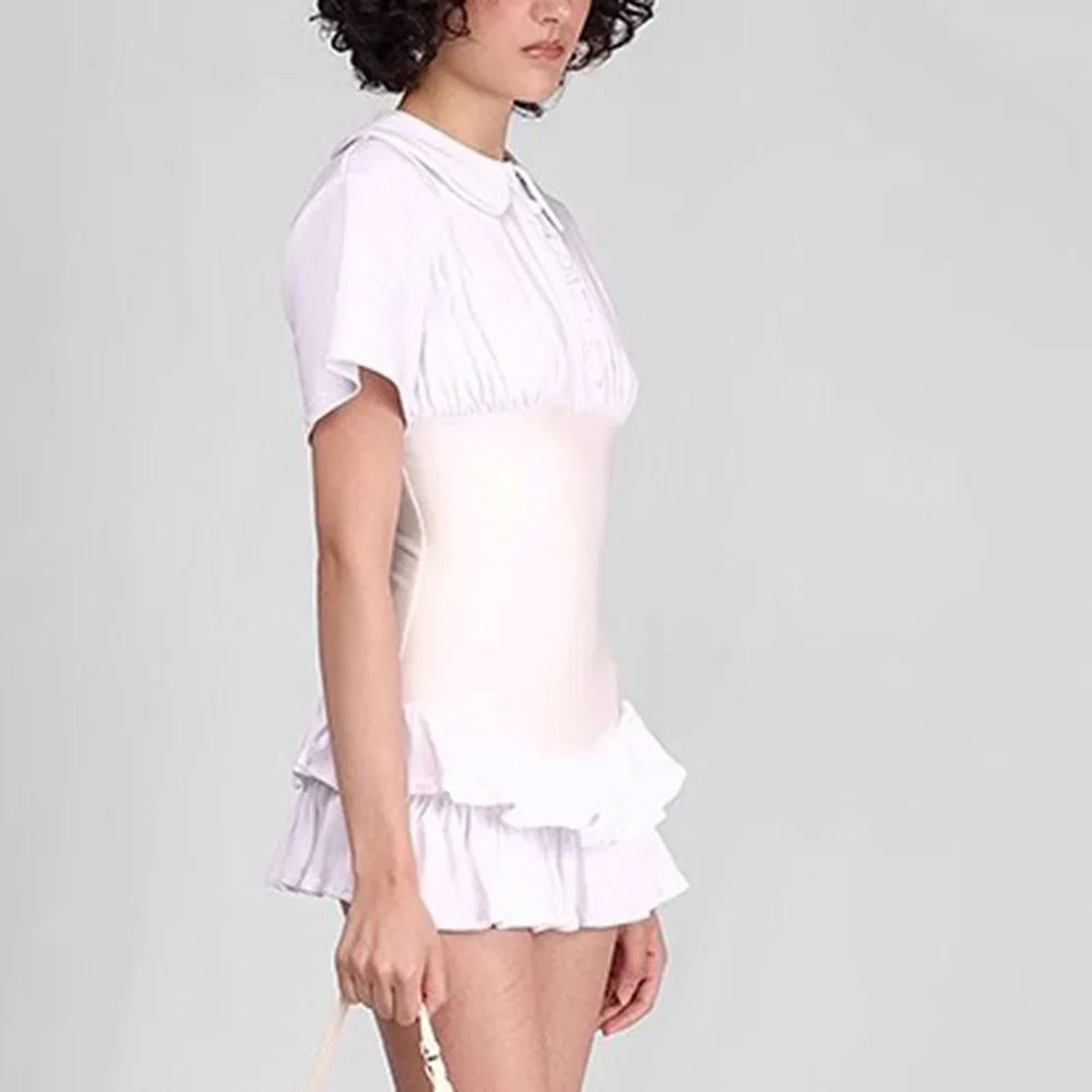 White Short Sleeve Collar Button Corset Patchwork Mini Dress