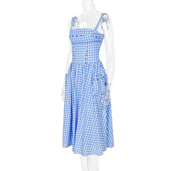 Blue Plaid Ribbon Lace Up Strap Midi Dress