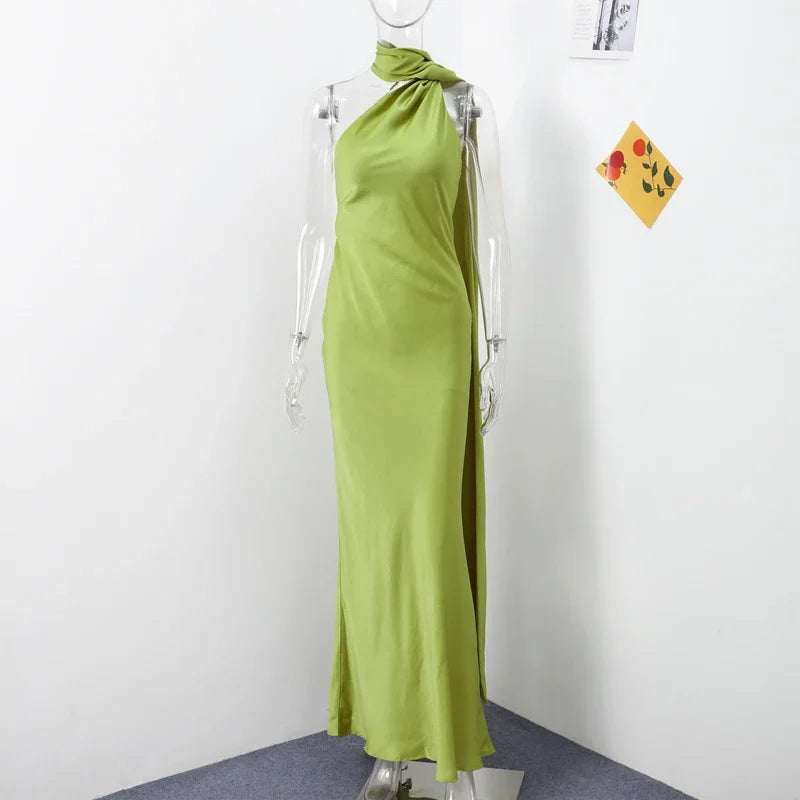 Satin Long Draped Halter Maxi Dress