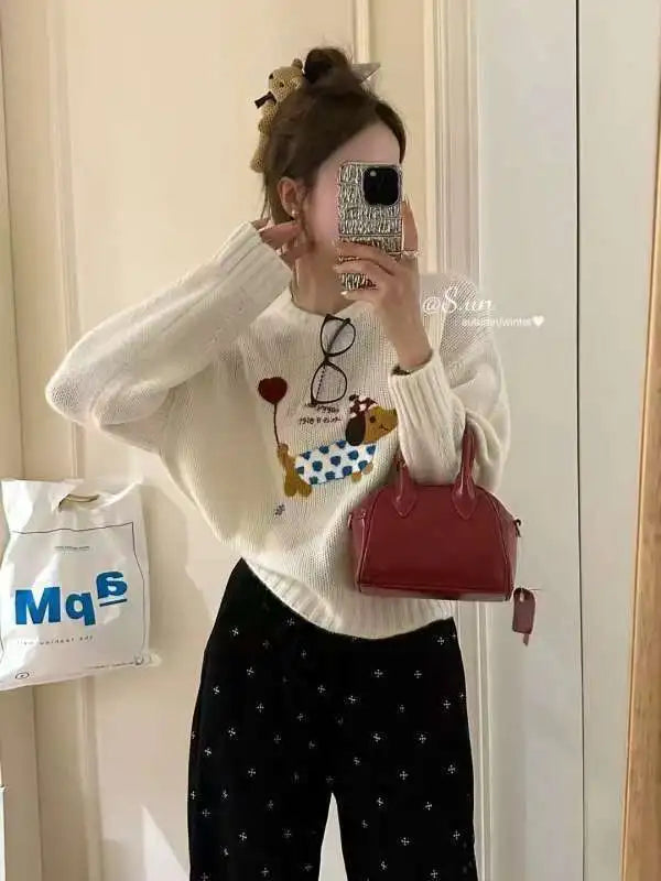 Dog Embroidery Knitted Sweater Pullover