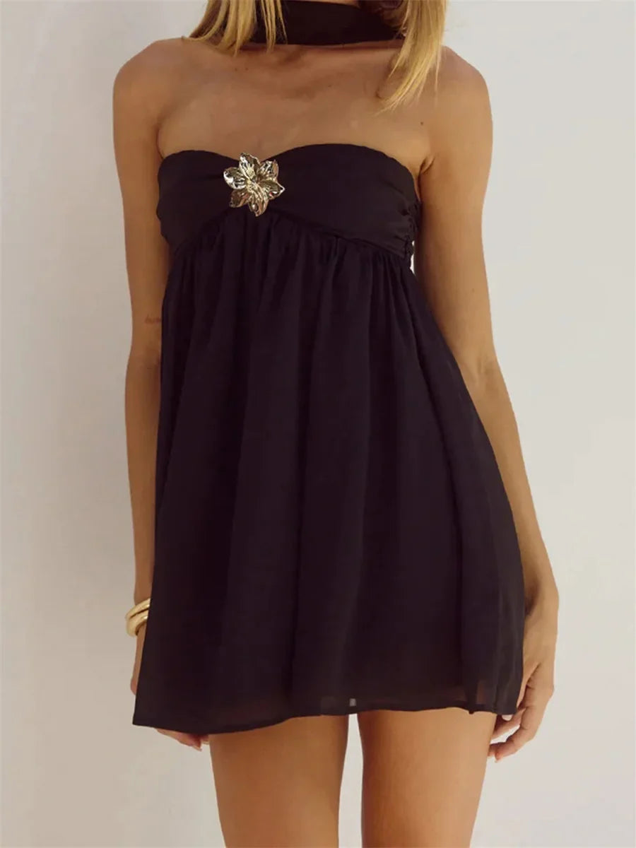 Ruffles Babydoll Strapless  Metal Flower Mini Dress