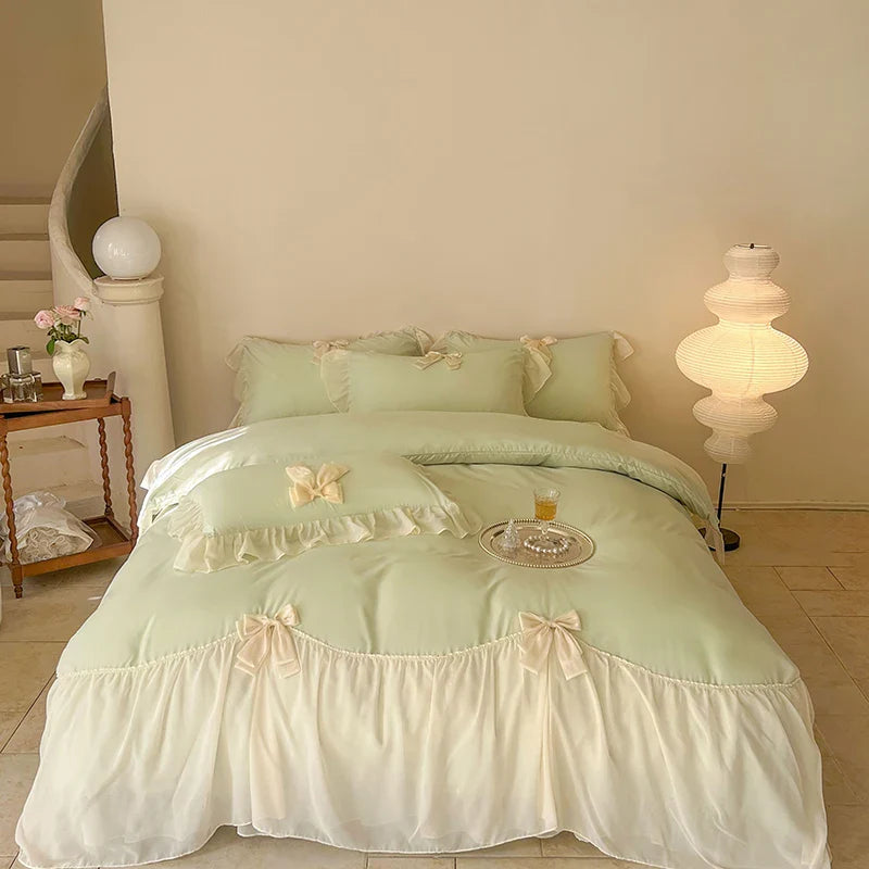 French Princess Style Bedding Sets Ruffle Lace Bow Quilt Cover Romantic Wedding Bedclothes Decor Woman Girls Bedroom Duvet Cover