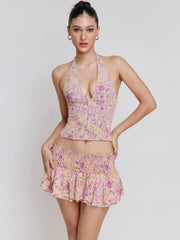 Floral Print Halter Buttoned Top And Mini Skirt Set