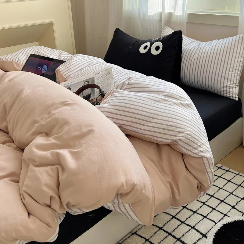 Korean Bed Linen Bedding Sets Stripes Duvet Cover Set Quilt Cover Bed Sheet Quilt Sets Queen Size INS Blogger Comforter Sets