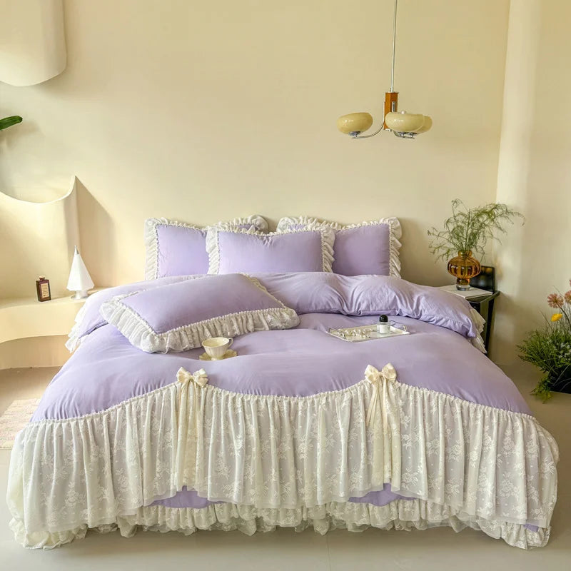 Korean style Princess lace bow bedding set pink sweet girl chiffon ruffles duvet cover bed sheet pillowcase wedding home textile