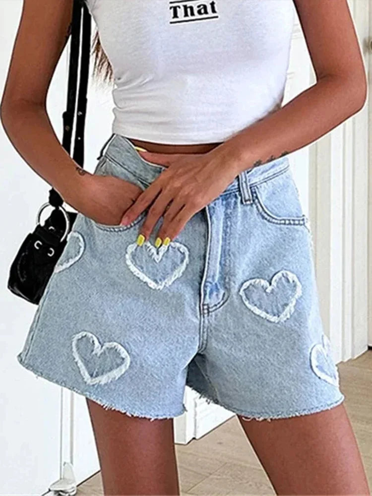 Heart Denim Crop Shorts - Casual High Waist