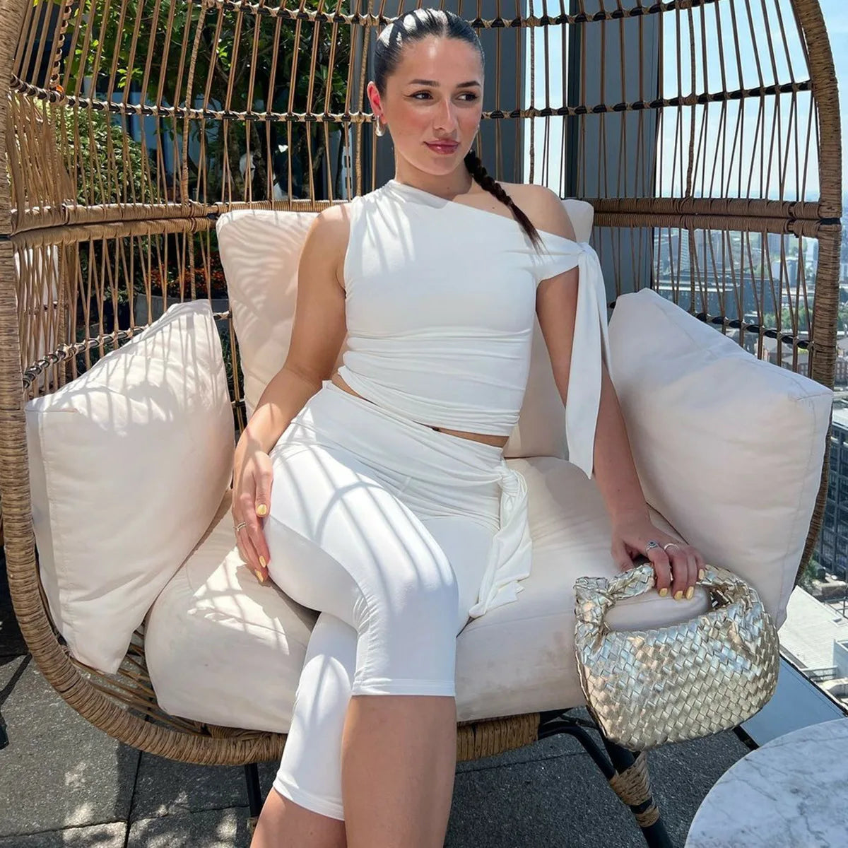 White One Shoulder Tie Up Top And Knee Length Pant Set
