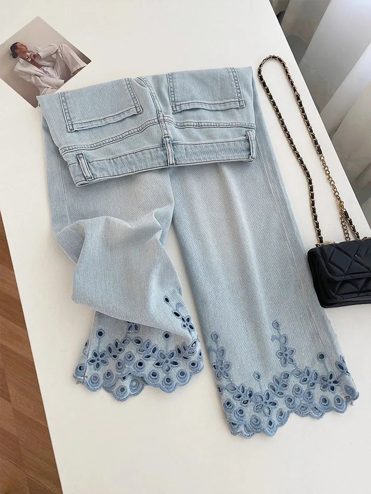 Eyelet Embroidered Wide Leg Denim Pants