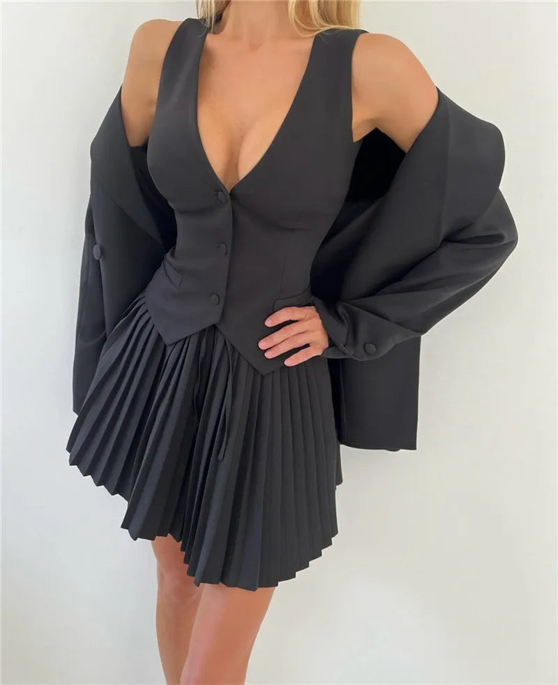 Solid V-neck Vest And Pleated Mini Skirt Set