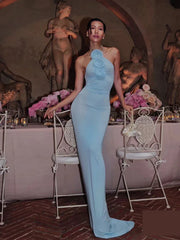 Blue Halter Neck 3D Flower Bodycon Long Dress