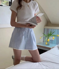 Blue Stripe Lace Trim Boxer Shorts