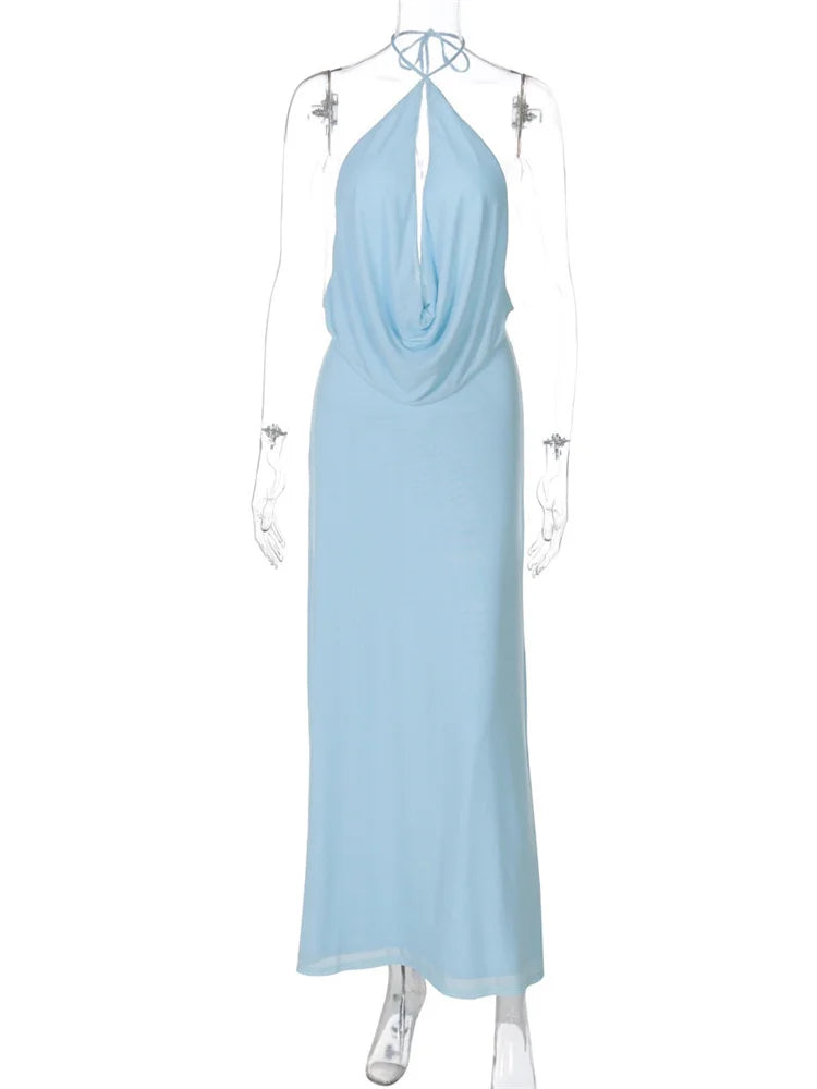 Blue Halter Drape Top And Maxi Skirt Set