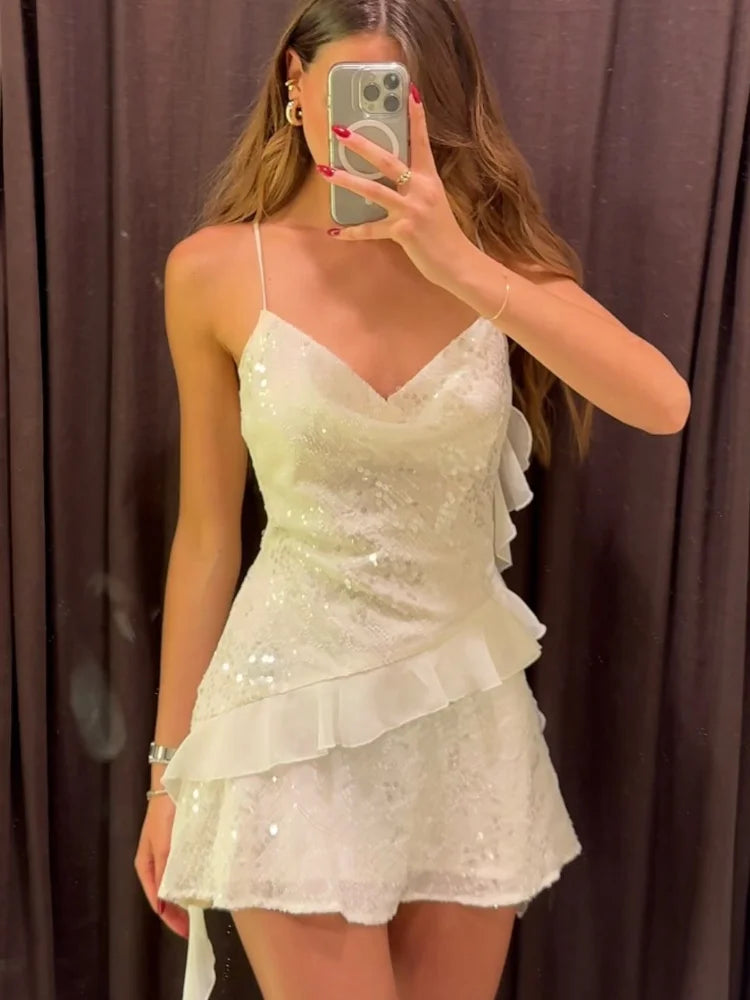 Sequin Layered Ruffle V-neck Sleeveless Mini Dress