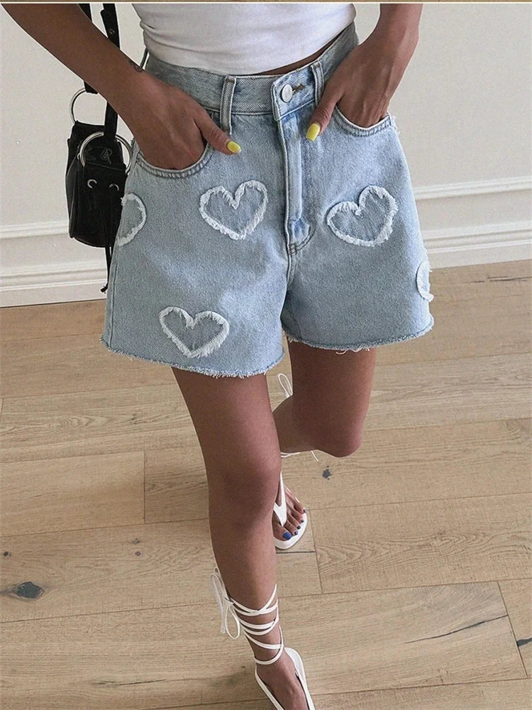 Heart Denim Crop Shorts - Casual High Waist