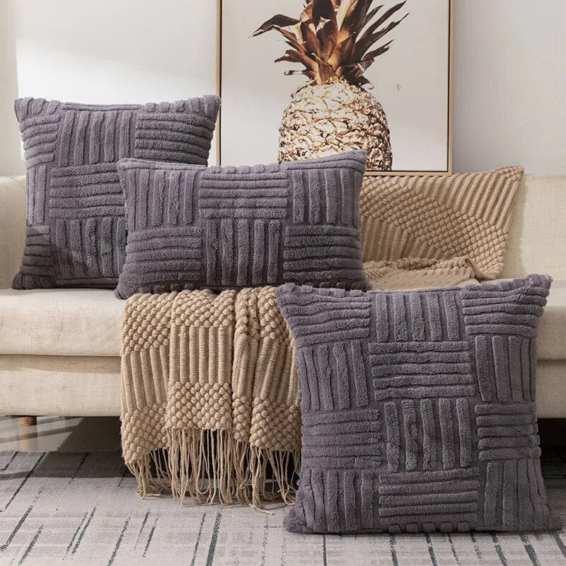 Plush Decorative Throw Pillow Covers Fuzzy Striped Soft Pillowcase Cushion Covers Cushion Case Shell for Sofa Couch Bedroom