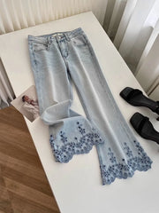 Eyelet Embroidered Wide Leg Denim Pants