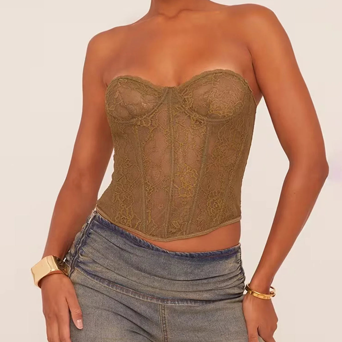 Lace Corset Strapless Cross Tie-up Bustier Top