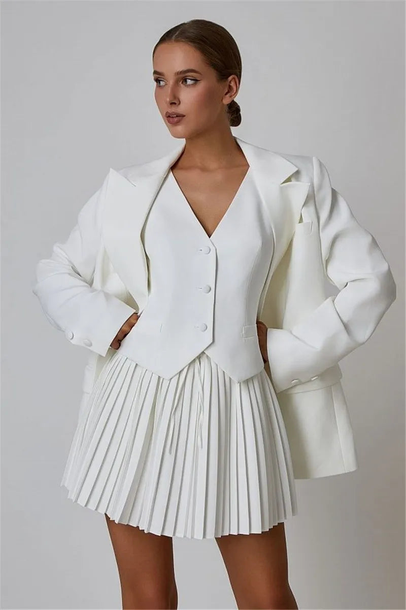 Solid V-neck Vest And Pleated Mini Skirt Set